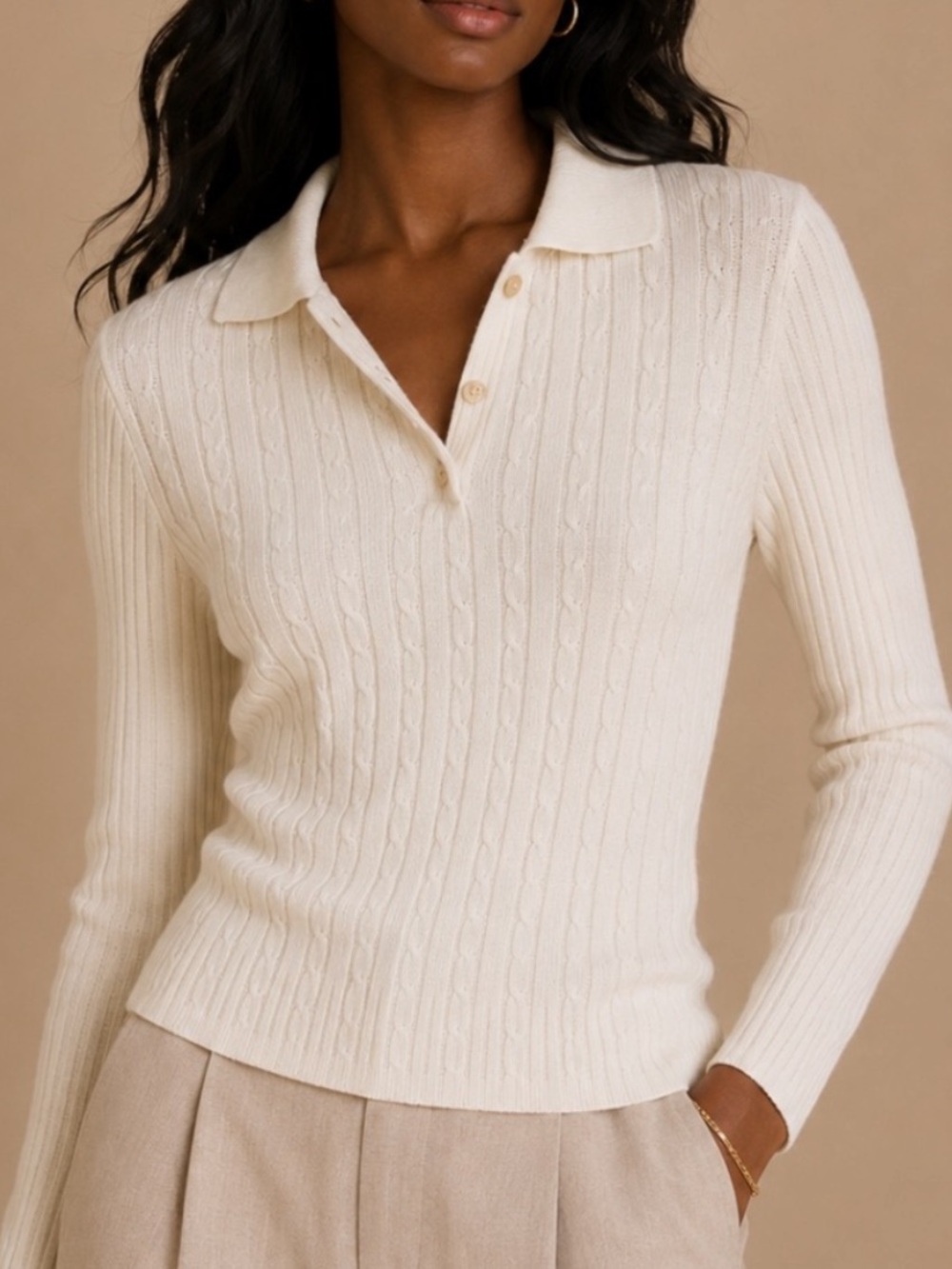NWT Zara Ecru Cable Knit Polo Sweater Top M Long Sleeve Ribbed Preppy Classic